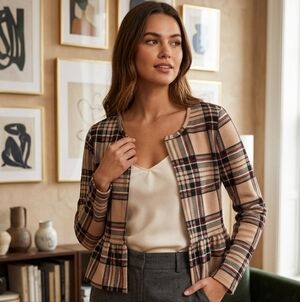 🎀Plaid Peplum Cardigan Jacket - Beige Plaid